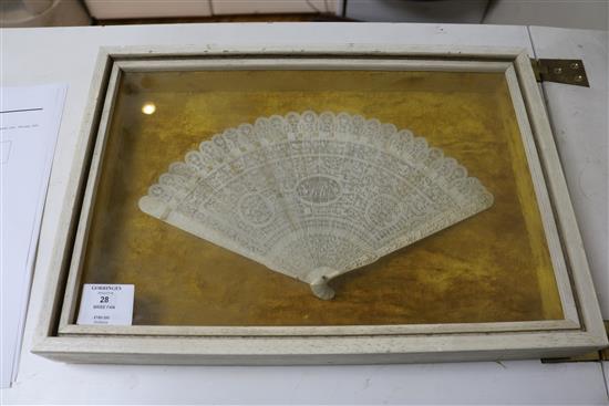 An early 19th century chinese ivory, brise fan 18cm in display case